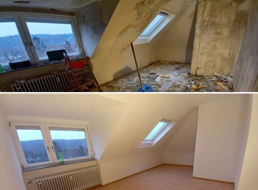 Dachzimmer vorher und nachher: leer und besenrein