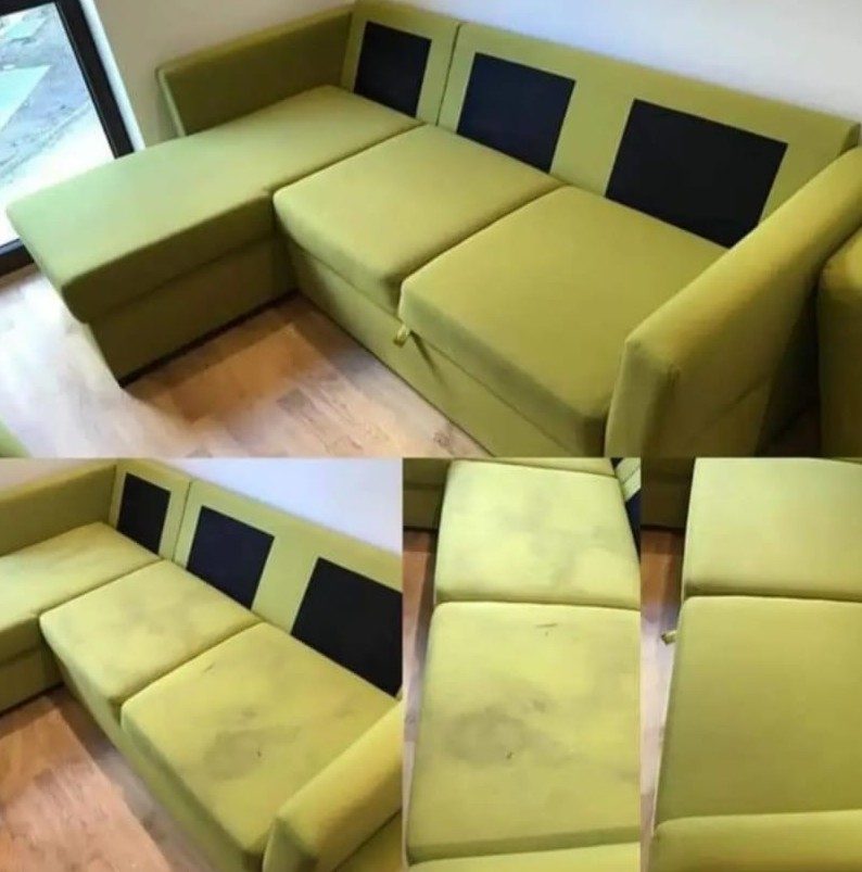 Grünes Sofa vorher und nachher gereinigt