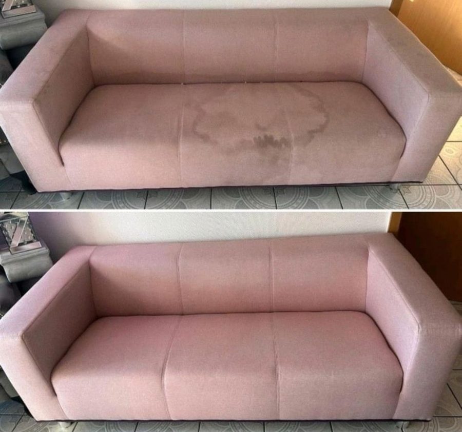 Rosa Sofa vorher und nachher gereinigt
