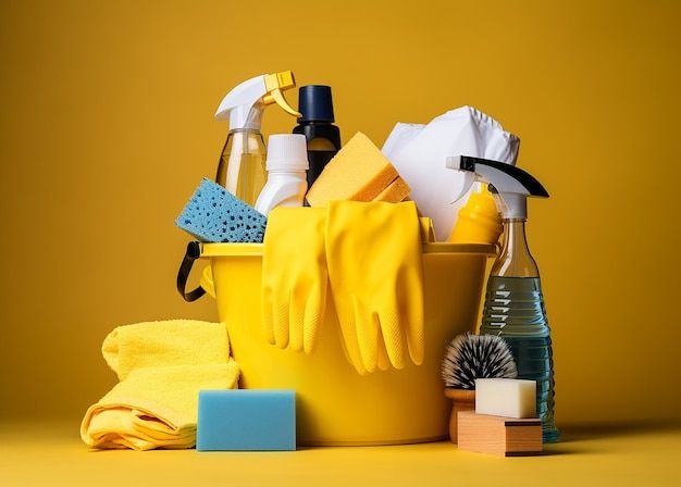 Gelber Eimer mit Reinigungsmitteln, Schwämmen und Handschuhen